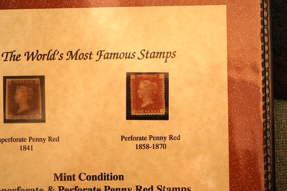 A collection of six 19th century stamps to include 1840 First Edition Two-Penny Blue, 1841 Two-Penny Blue in unused condition, 1841 used Two-Penny Blue, 1840 used Penny Black, 1841 Imperforate Penny Red and 1858-1870 Per